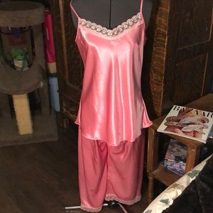 Pink satin pajamas top and bottom set